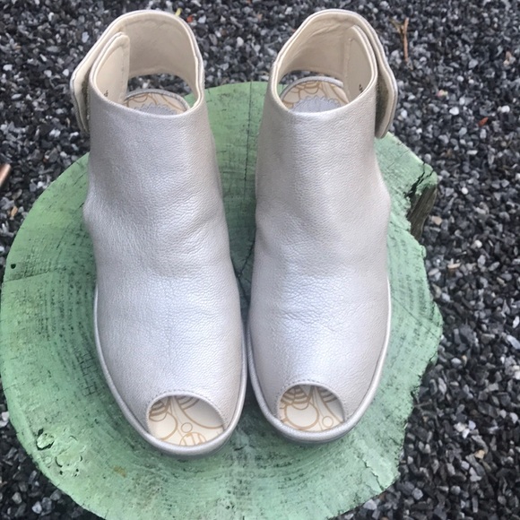Fly London Shoes - Fly London Silver Peep-Toe Wedges